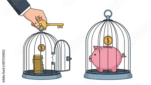 Hand using a gold key to unlock a birdcage filled with coins while a piggy bank waits in a separate cage representing the release of financial assets.