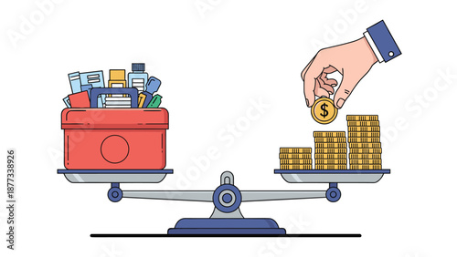 Scale balancing a red toolbox filled with equipment against stacks of gold coins representing the value of professional tools and skilled labor.