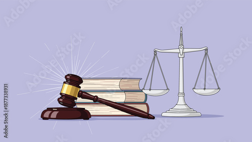 Justice system concept with wooden gavel, legal books, and classic scales of justice isolated on light purple background.