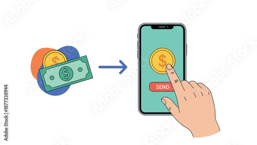 Digital money transfer and mobile payment concept showing currency moving to a smartphone with a hand clicking send button.