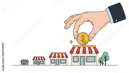 Business expansion and investment concept with a large hand placing a gold coin into one of several growing retail stores.
