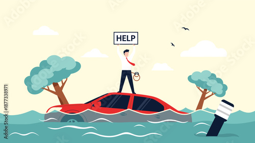 Flood disaster and emergency rescue concept with a man standing on top of a submerged red car holding a help sign in water.
