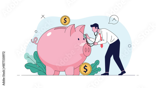 Economic analysis and financial health assessment concept with a professional businessman examining a piggy bank with a stethoscope.