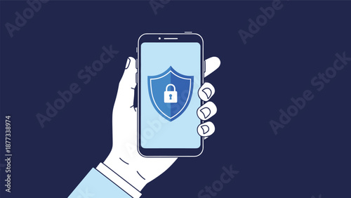 Mobile phone security and data protection concept with a hand holding a smartphone displaying a blue shield and padlock icon.