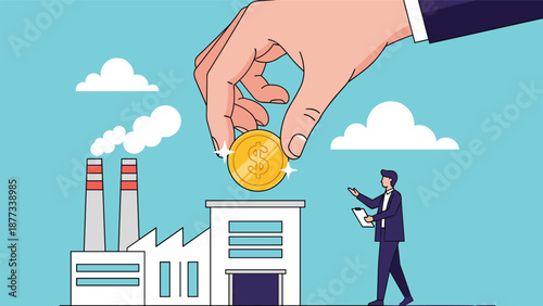 Industrial investment and economic development concept with a large hand placing a gold coin into a factory building structure.