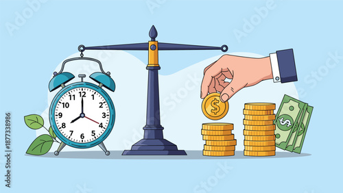 Time management and financial balance concept showing a classic scale with an alarm clock on one side and stacks of coins on other.