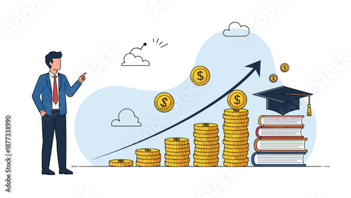 Educational investment and academic success concept with stacks of coins growing alongside books and a graduation cap on top.
