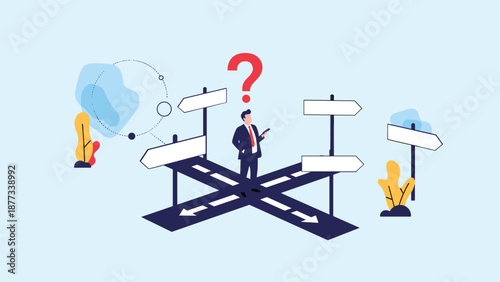 Career guidance and difficult decision making concept with a businessman standing at a crossroad with many blank directional signs.