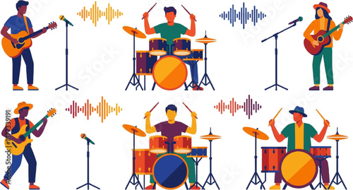 Music concert icon set featuring drummer on stage with drum kit, speakers and festive instruments for celebration designs