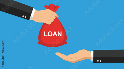 Hands exchange a large red money bag labeled loan against a solid blue background symbolizing financial credit and borrowing.
