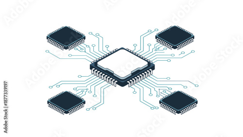Intricate computer microchips are connected by digital circuit lines on a white background representing advanced technology and networking.