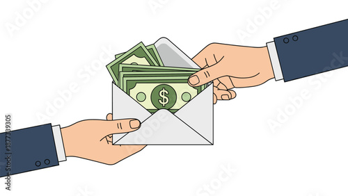 Two hands exchange an open envelope filled with stacks of green dollar bills representing a bribe or a financial payment.