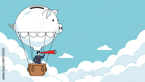 Determined businessman rides in a hot air balloon shaped like a piggy bank and uses a telescope to find new financial opportunities.
