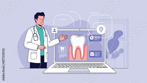 Dentist in a white lab coat points to a large tooth model displayed on a laptop screen for a digital patient consultation or lesson.
