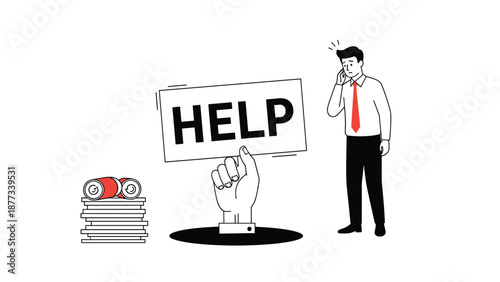 Worried businessman looks down as a hand emerges from a dark hole holding a help sign next to a stack of cans and money.