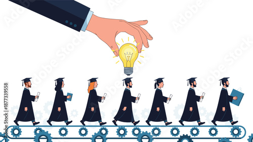 Giant hand picks a light bulb idea from a line of graduates moving on a conveyor belt representing the selection of top talent and innovation.