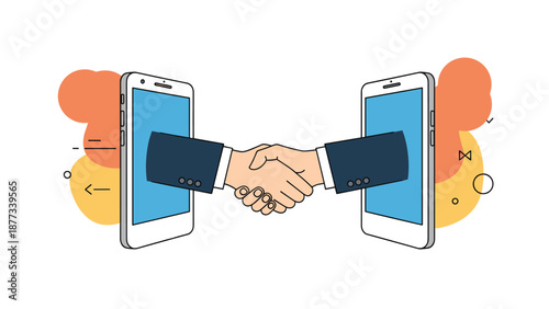 Two business hands extend from smartphone screens to perform a handshake representing digital agreements and mobile technology deals.