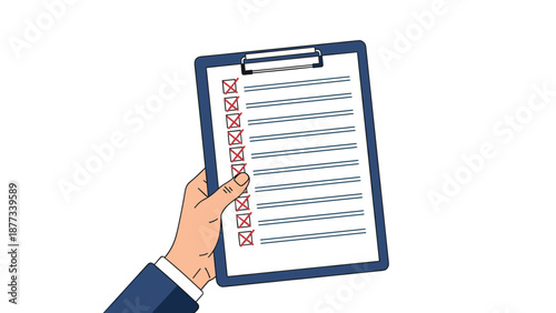 Hand holds a clipboard with a long list where every item has been marked with a red cross signifying multiple failures or errors.