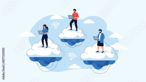 Group of people with laptops stand on floating clouds with Wi-Fi symbols representing cloud computing and remote digital work.