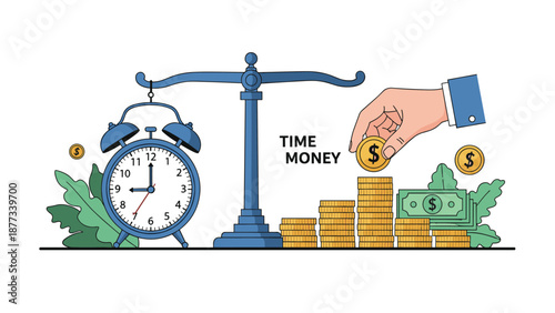 Scale balances a blue alarm clock against stacks of gold coins and dollar bills to illustrate the conceptual relationship between time and money value.
