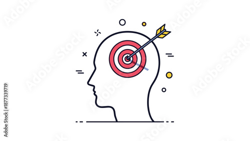 Arrow hits the center of a target located inside a human head silhouette to represent mental focus, goal setting, and precision in strategic planning.