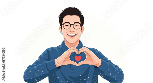 Happy young man with dark hair and glasses making a heart shape with his hands over a small red heart on a white background.