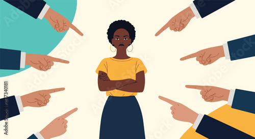 Resilient black woman standing with arms crossed while many hands point at her as a symbol of blame, judgment, or social pressure.