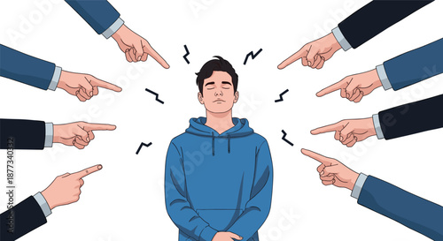 Stressed young man in a blue hoodie with his eyes closed, surrounded by many hands pointing at him in judgment.