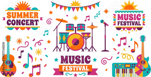 Music festival icon set featuring drums, guitars, microphones, flags and musical notes for concert and festival designs