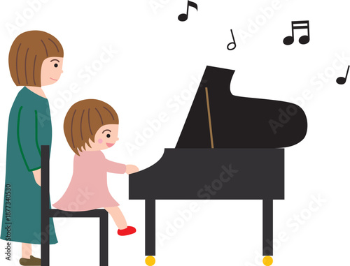 ピアノを弾く女の子と先生と音符