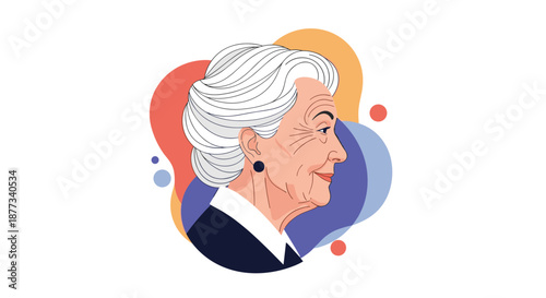 Side profile portrait of an elegant elderly woman with styled white hair and subtle makeup against a modern abstract colorful backdrop.