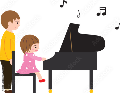 ピアノを弾く女の子と先生と音符