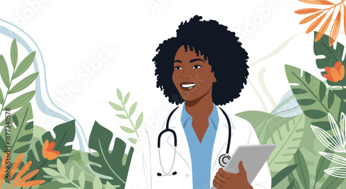 Smiling female doctor of African descent holds a digital tablet while standing among lush green tropical leaves in a modern illustration.