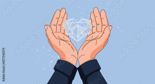 Two hands carefully hold a delicate glowing geometric crystal heart against a soft blue background to symbolize love and protection.