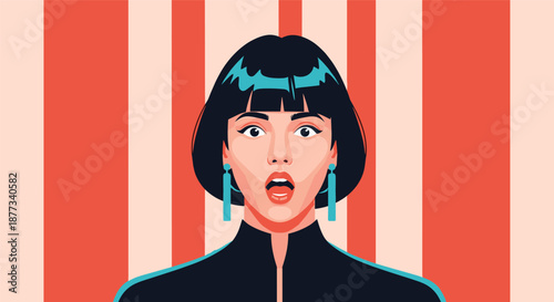Surprised young woman with black bob hair and blue earrings reacts with an open mouth against a red and white vertical striped background.