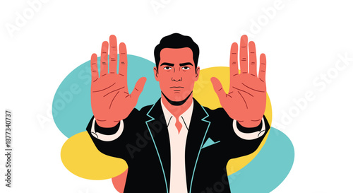 Firm man in a dark suit holds both hands up in a stop gesture signaling boundaries or rejection against an abstract background.
