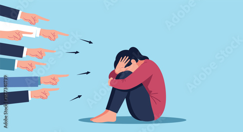 Vulnerable woman sits curled on the floor as multiple fingers point at her depicting themes of bullying or social judgment.