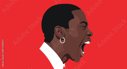 Profile illustration of an expressive man shouting loudly with mouth wide open against a solid bright red background color.