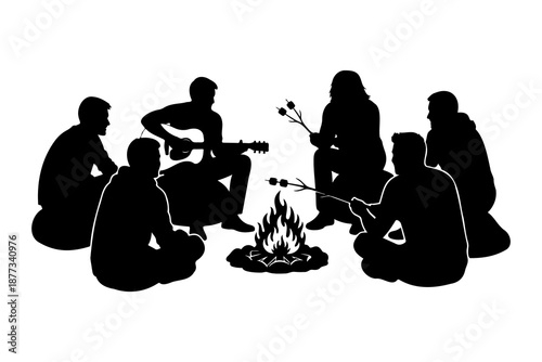 Friends gathered around campfire at night playing music