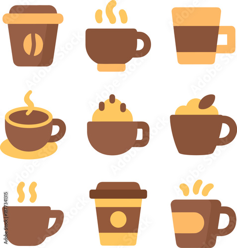 Flat Design Coffee Cups and Mugs Icon Collection