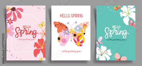 Hello Spring greeting card clipart poster set. Hello Spring greeting text in colorful background clip art with pattern butterfly and flowers holiday poster card template collection vector illustration