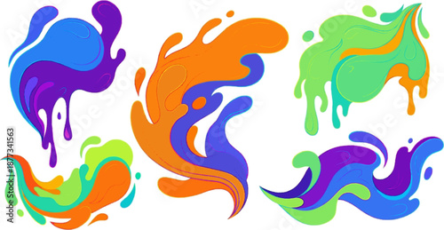 Abstract colorful liquid splash icon set featuring dynamic swirls and fluid shapes for summer festival designs