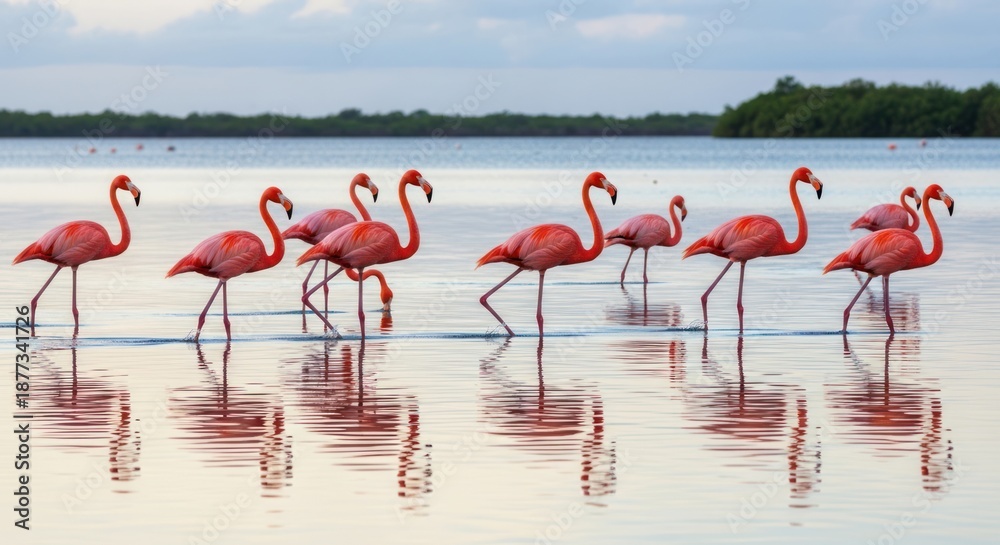 Obraz premium Flock of Flamingos in Shallow Water.