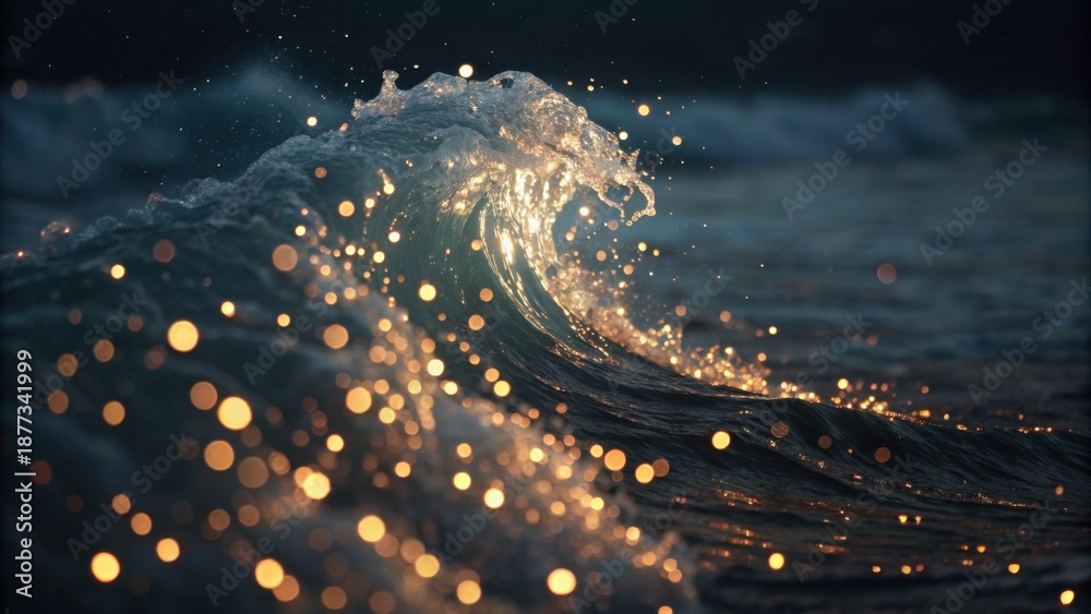 Fototapeta premium A stunning wave captures golden light and sparkling droplets, showcasing the beauty of nature's movement and the ocean's energy.