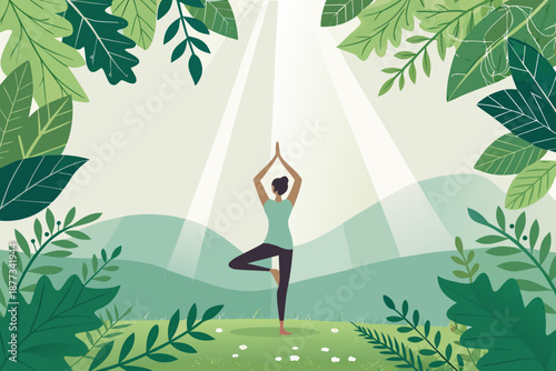 Woman in tree yoga pose finds balance and inner peace amidst lush foliage and gentle sunlight promoting wellness and mindfulness in a serene natural setting with stylized leaves