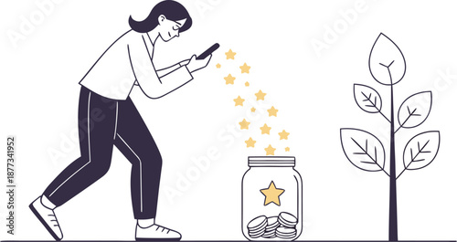 Digital Harvest: A woman captures the moment, digitally gathering virtual stars, symbolizing growth, and value with a growing plant as the background.