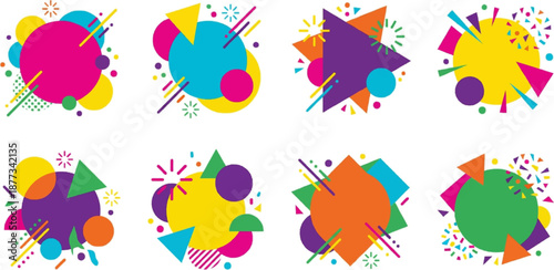 Colorful abstract swirl icons set featuring vibrant shapes and dynamic swirls for festive summer and holiday designs