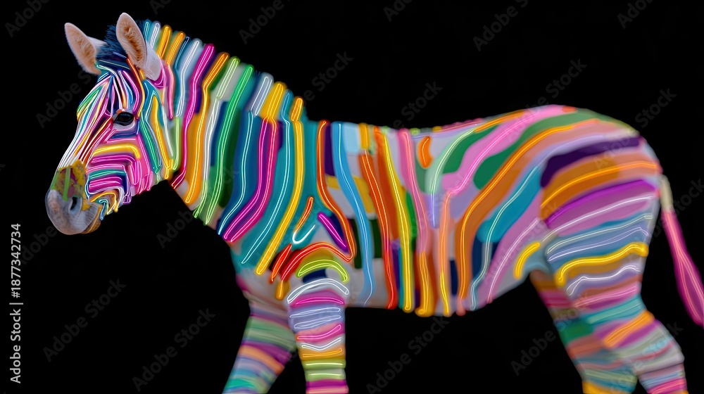 Fototapeta premium Neon LED Striped Zebra Art Installation Digital Showcase Vibrant Colors Creative Environment Artistic Perspective