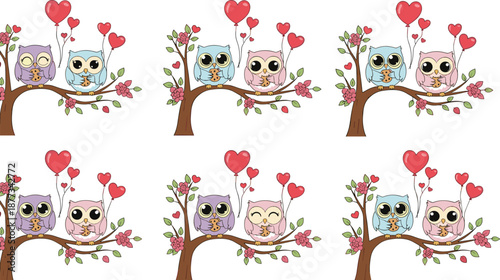 Cute owl couple illustrations on tree branches with hearts love romantic cartoon animals valentines day seamless vector collection designs set