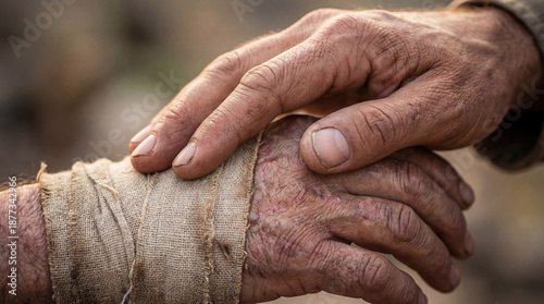 Helping hand touching a wounded bandaged arm. Biblical concept of the Good Samaritan showing mercy, healing and compassion to the sick and poor. Symbol of prayer and brotherly love.
